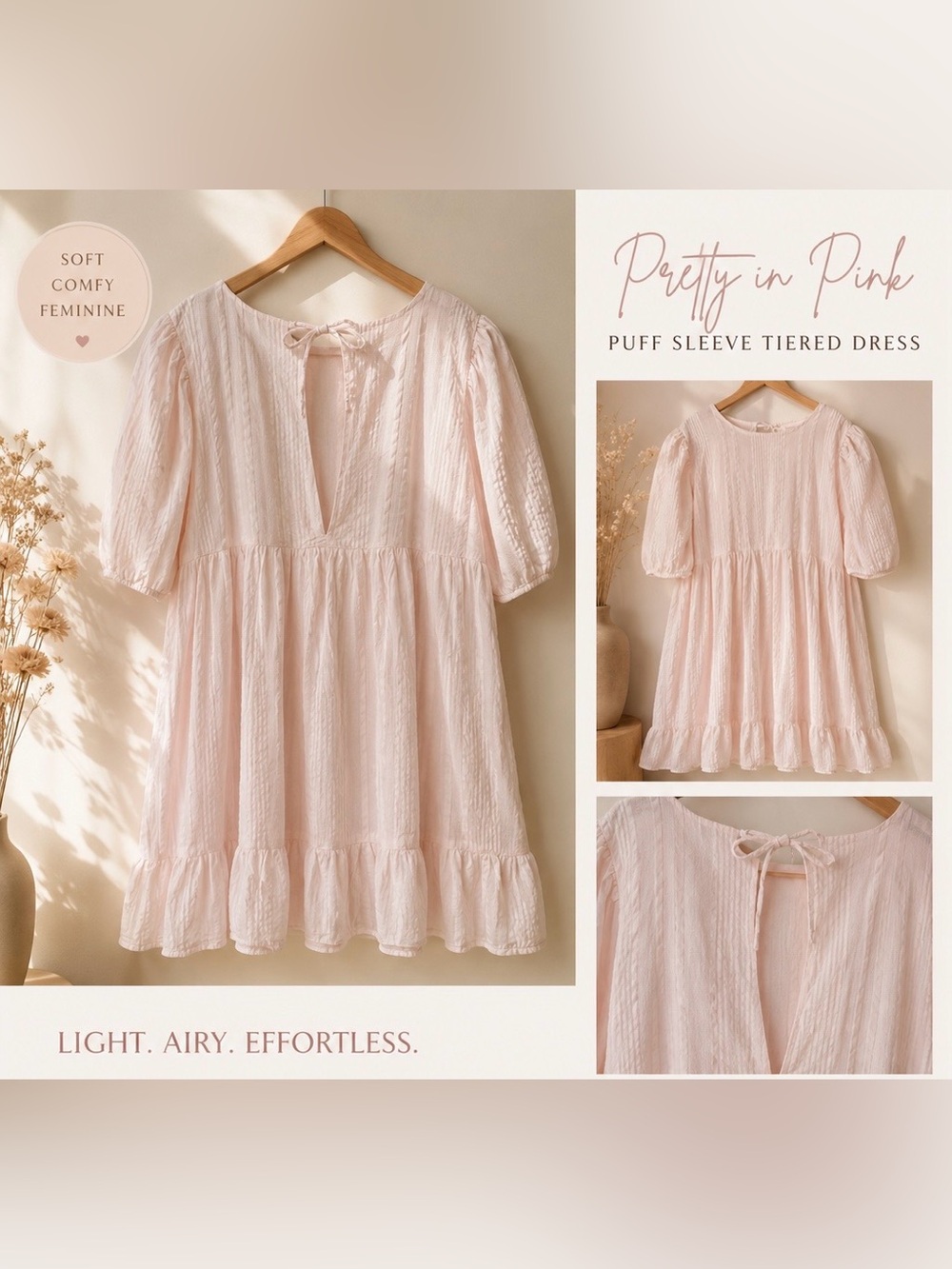 Aritzia Sun-Deh Light Blush Puff Sleeve Tiered Mini Dress